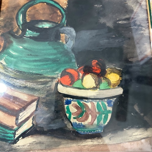 Vtg Signed Boden Water Color on Paper Still Life Books Fruit Vase Jug 11x9.5” EC - Picture 2 of 10